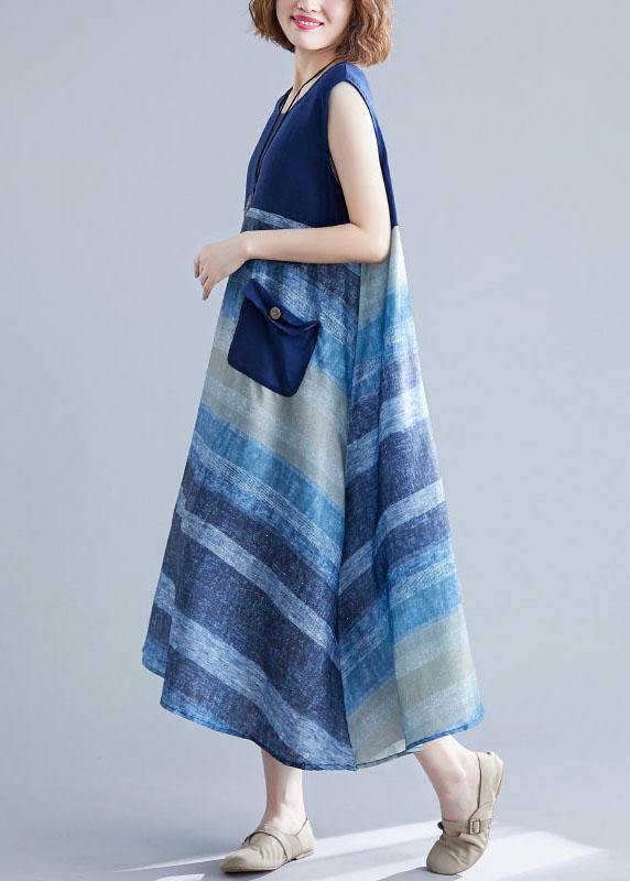 Diy Blue Patchwork Striped O-Neck Summer Cotton Dress - Image 4