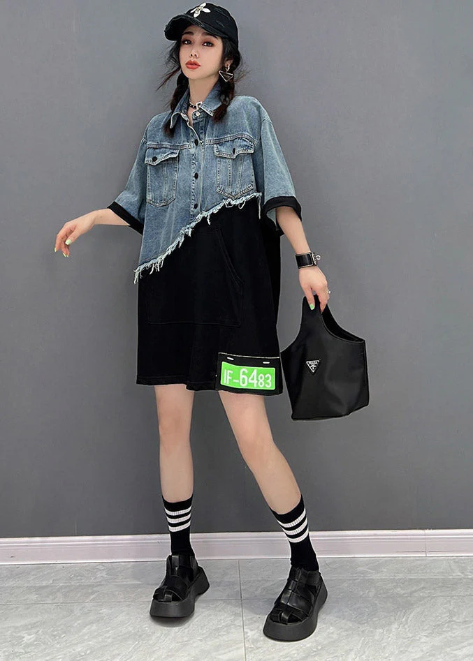 Diy Blue Peter Pan Collar asymmetrical Denim Patchwork Button Pockets Dress Short Sleeve - Image 2