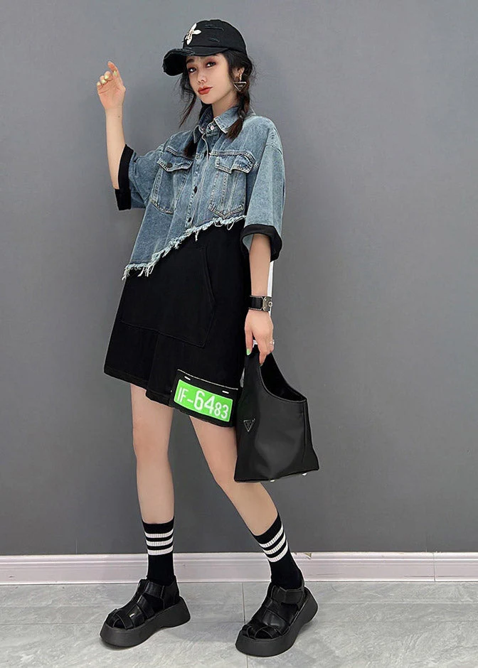 Diy Blue Peter Pan Collar asymmetrical Denim Patchwork Button Pockets Dress Short Sleeve - Image 3