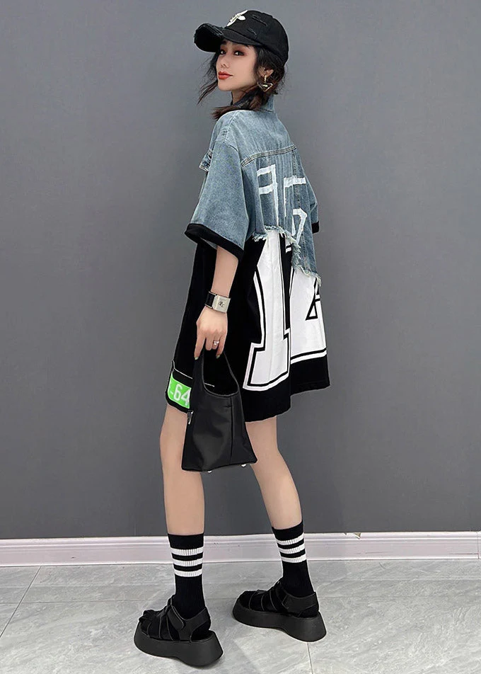 Diy Blue Peter Pan Collar asymmetrical Denim Patchwork Button Pockets Dress Short Sleeve - Image 4
