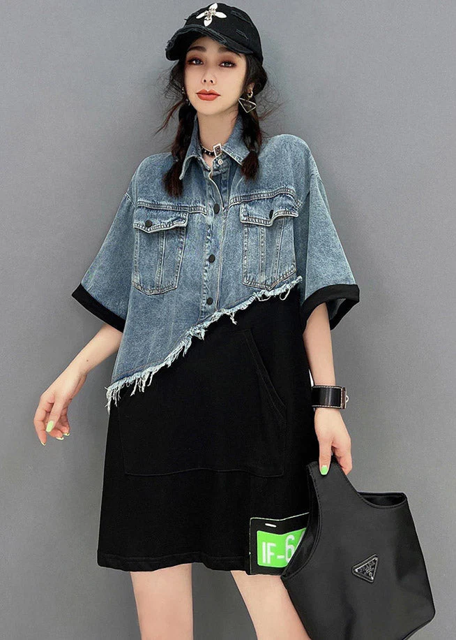 Diy Blue Peter Pan Collar asymmetrical Denim Patchwork Button Pockets Dress Short Sleeve - Image 5