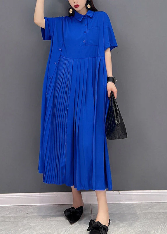Diy Blue Peter Pan Collar Patchwork Wrinkled Button Pockets Chiffon Dress Short Sleeve - Image 2