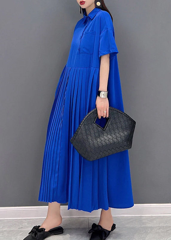 Diy Blue Peter Pan Collar Patchwork Wrinkled Button Pockets Chiffon Dress Short Sleeve - Image 3