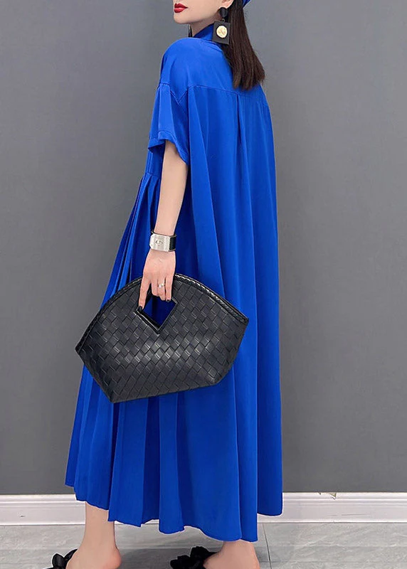 Diy Blue Peter Pan Collar Patchwork Wrinkled Button Pockets Chiffon Dress Short Sleeve - Image 4