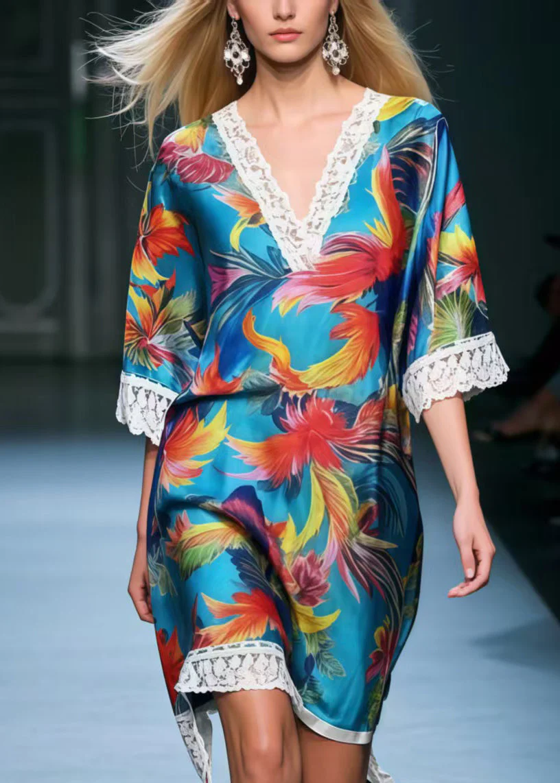 DIY Blue Phoenix Print Patchwork Lace Tea Dress Summer - Image 2