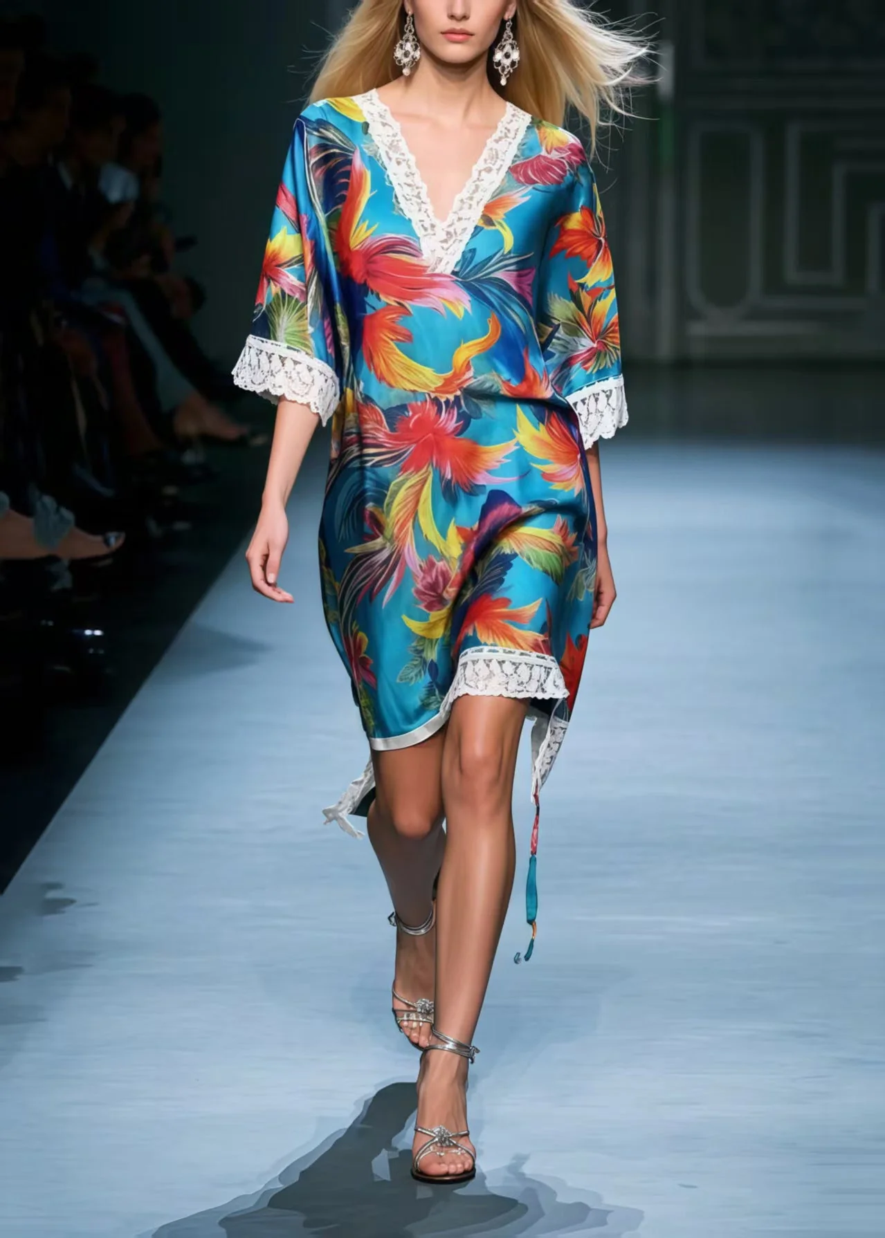 DIY Blue Phoenix Print Patchwork Lace Tea Dress Summer - Image 3