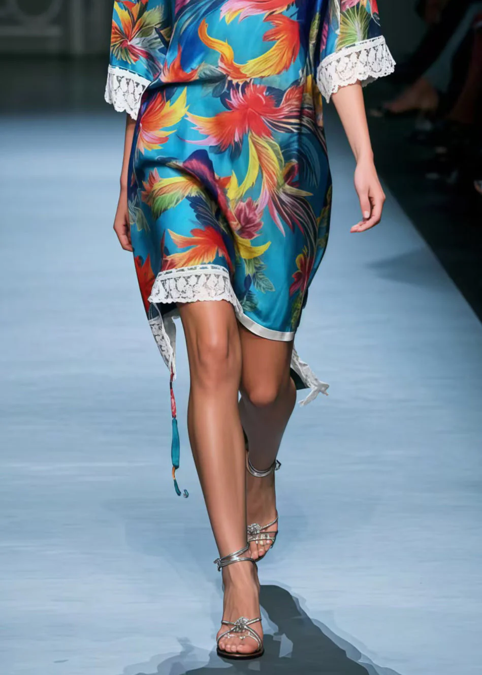 DIY Blue Phoenix Print Patchwork Lace Tea Dress Summer - Image 4