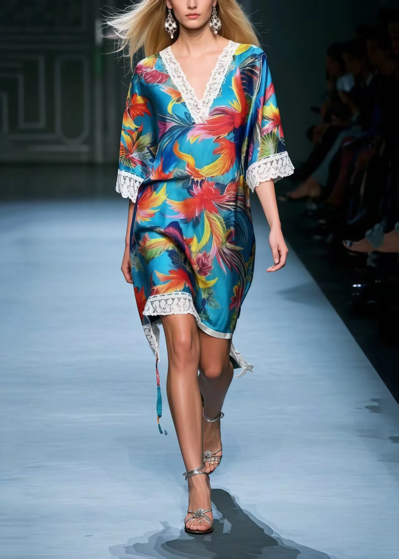 DIY Blue Phoenix Print Patchwork Lace Tea Dress Summer - Image 5