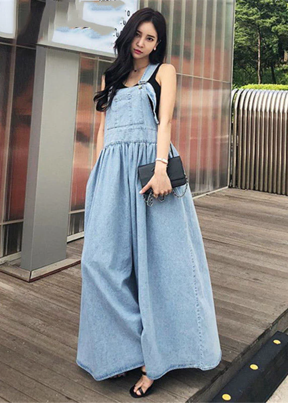 Diy Blue Slash Neck Wrinkled Pockets Denim Dress Sleeveless - Image 2