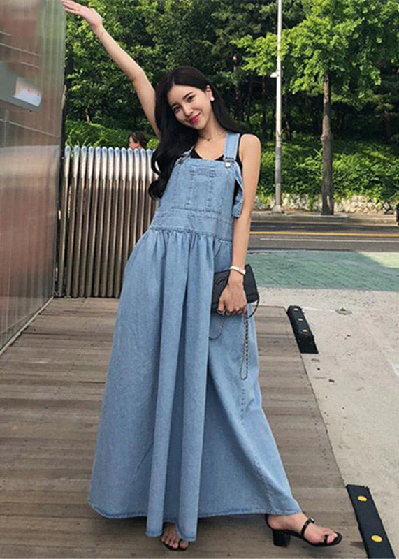 Diy Blue Slash Neck Wrinkled Pockets Denim Dress Sleeveless - Image 3