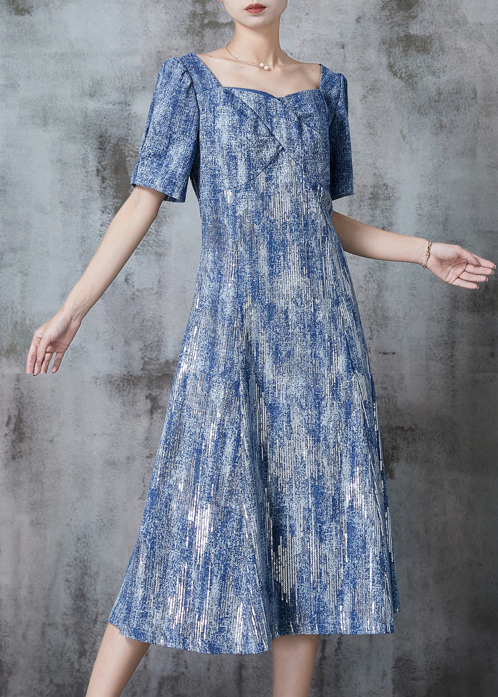 Diy Blue Square Collar Tie Dye Chiffon Robe Dresses Summer - Image 2