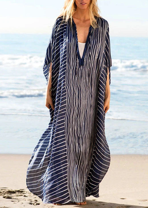 DIY Blue Striped side open Beach Gown Vacation Summer Chiffon Dress - Image 3