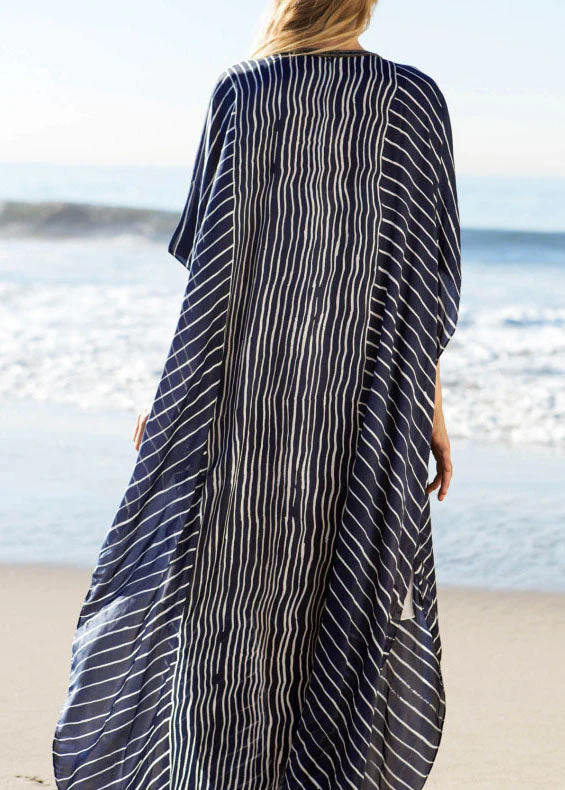 DIY Blue Striped side open Beach Gown Vacation Summer Chiffon Dress - Image 4