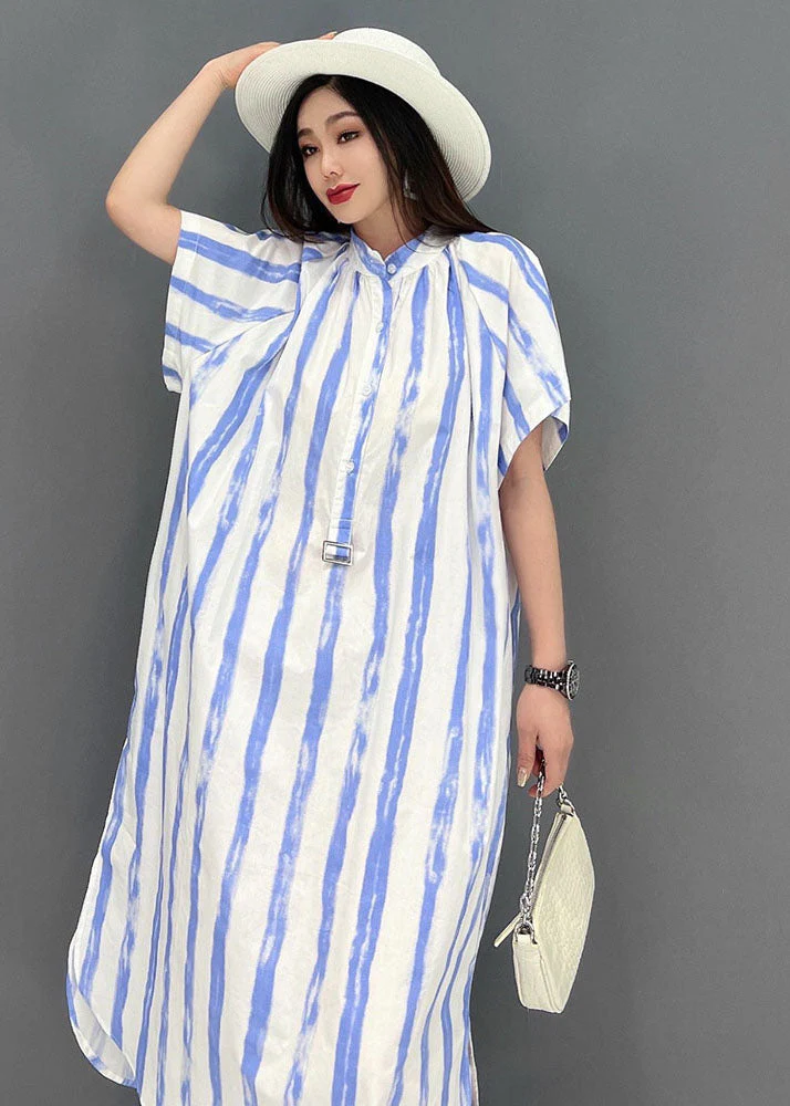 Diy Blue Striped Stand Collar Side Open Cotton Maxi Dresses Short Sleeve - Image 5