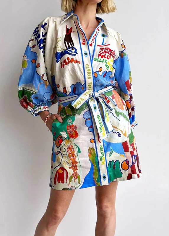 DIY Blue Tie Waist Print Linen Shirt Dress Bracelet Sleeve