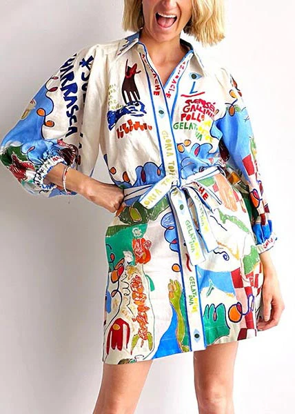 DIY Blue Tie Waist Print Linen Shirt Dress Bracelet Sleeve - Image 2