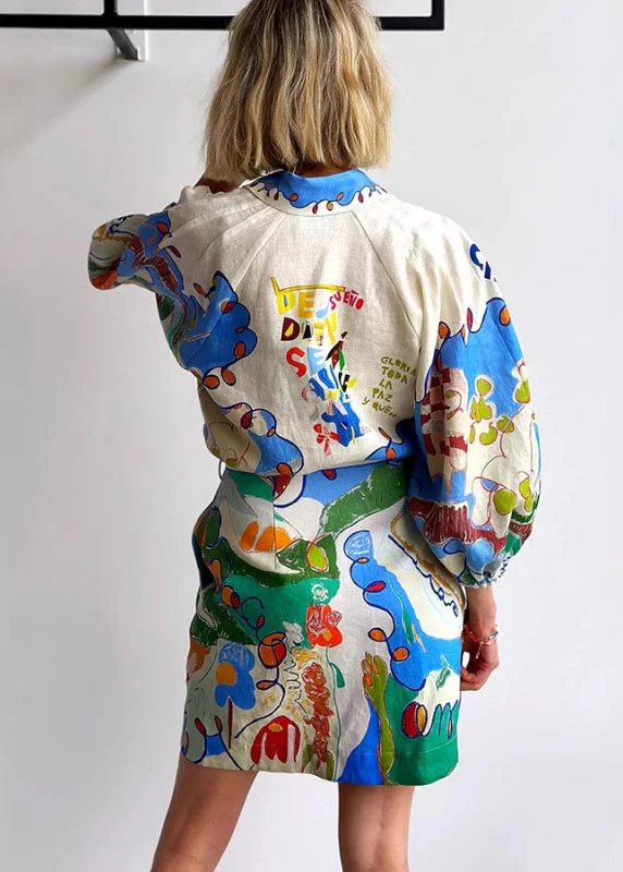 DIY Blue Tie Waist Print Linen Shirt Dress Bracelet Sleeve - Image 3