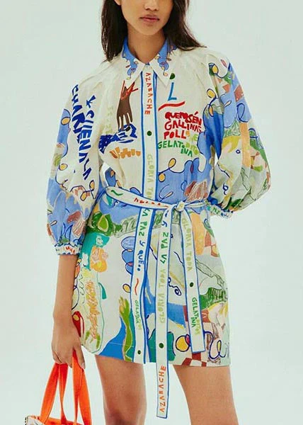 DIY Blue Tie Waist Print Linen Shirt Dress Bracelet Sleeve - Image 4