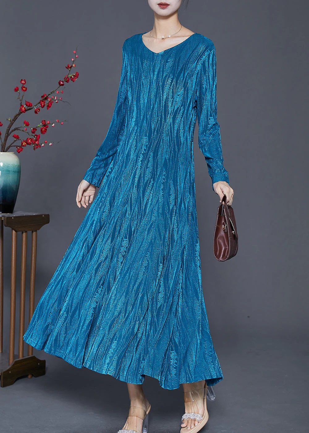 DIY Blue V Neck Exra Large Hem Cotton Vacation Dresses Spring - Image 2