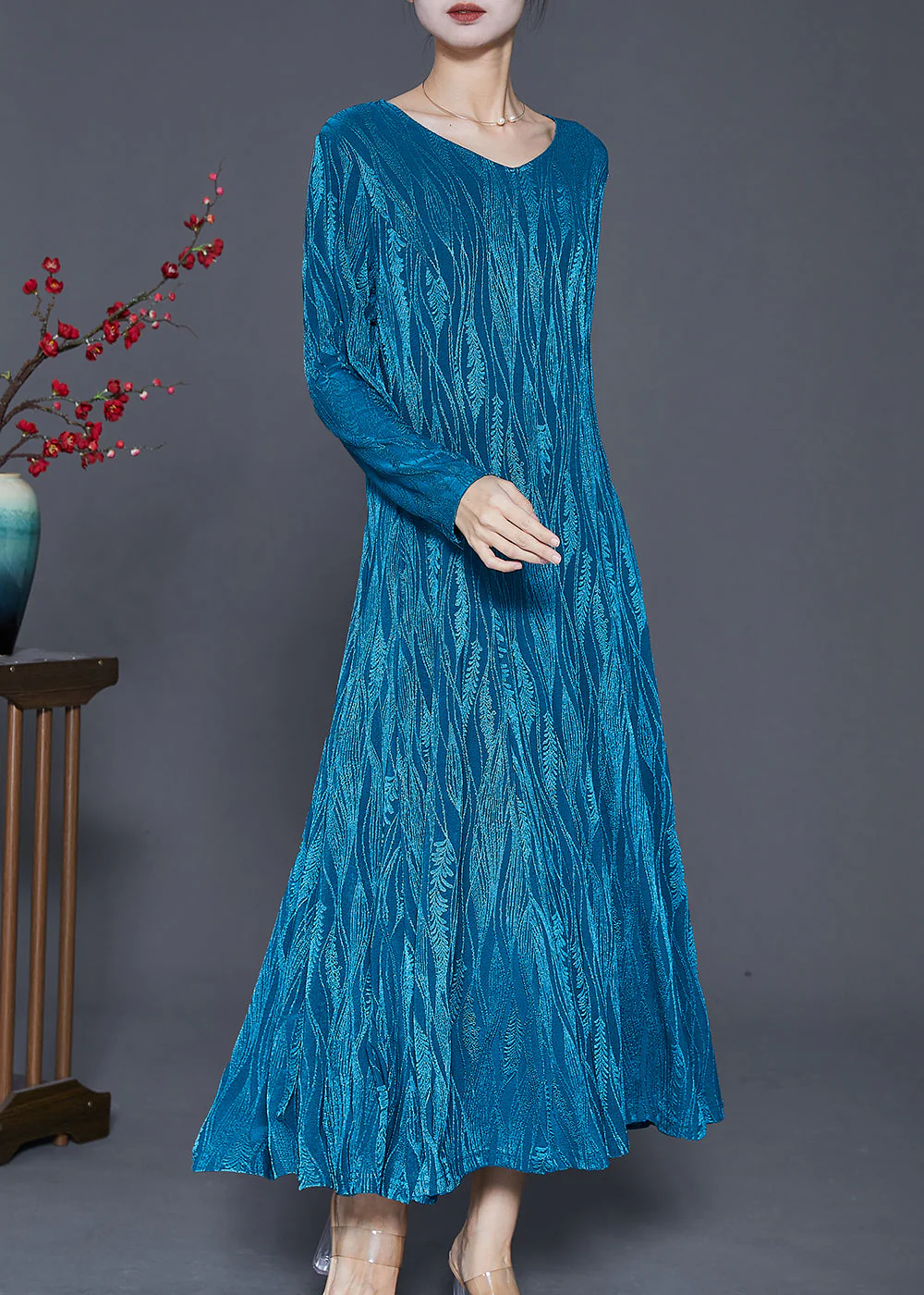 DIY Blue V Neck Exra Large Hem Cotton Vacation Dresses Spring - Image 3