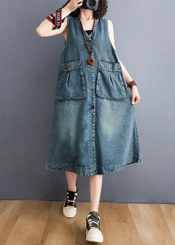 Diy Blue V Neck Pockets Cotton Denim A Line Dresses Sleeveless - Image 2