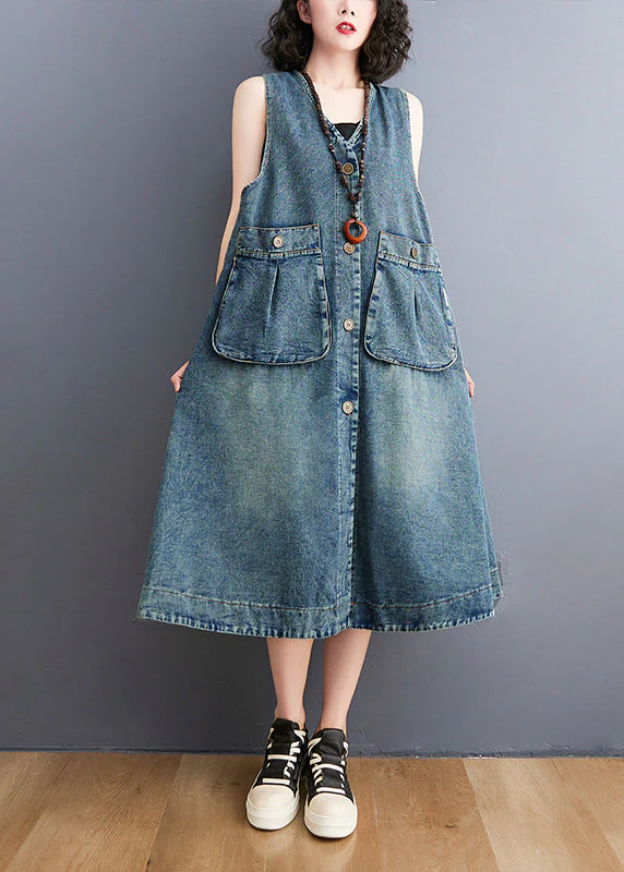Diy Blue V Neck Pockets Cotton Denim A Line Dresses Sleeveless - Image 3