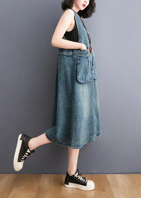 Diy Blue V Neck Pockets Cotton Denim A Line Dresses Sleeveless - Image 4