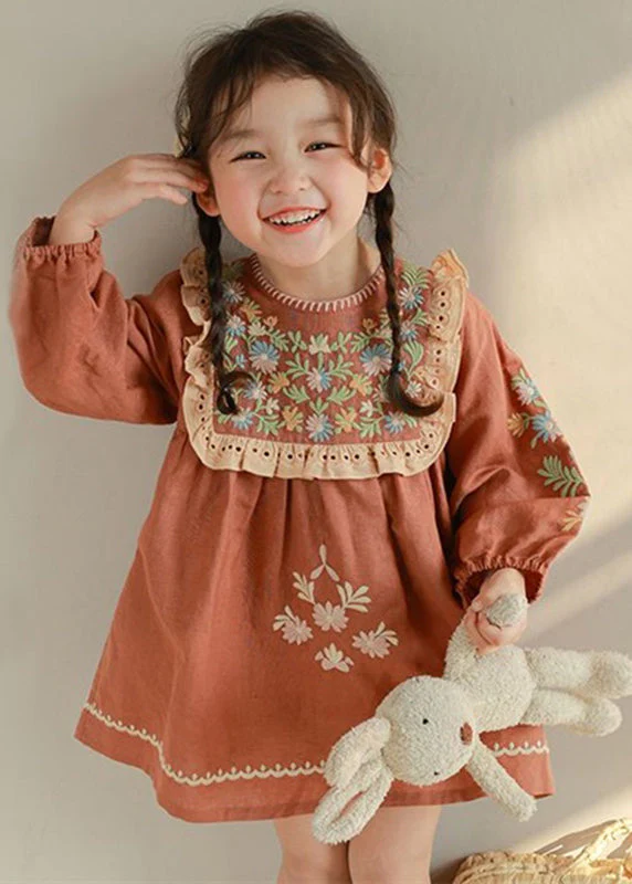 DIY Brick Red Embroideried Hollow Out Kids Mid Dress Fall - Image 3