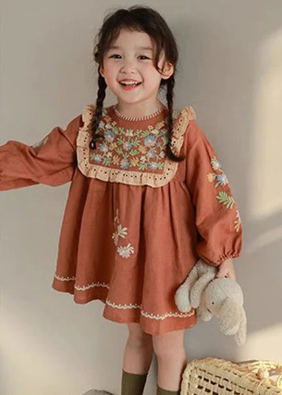 DIY Brick Red Embroideried Hollow Out Kids Mid Dress Fall - Image 5