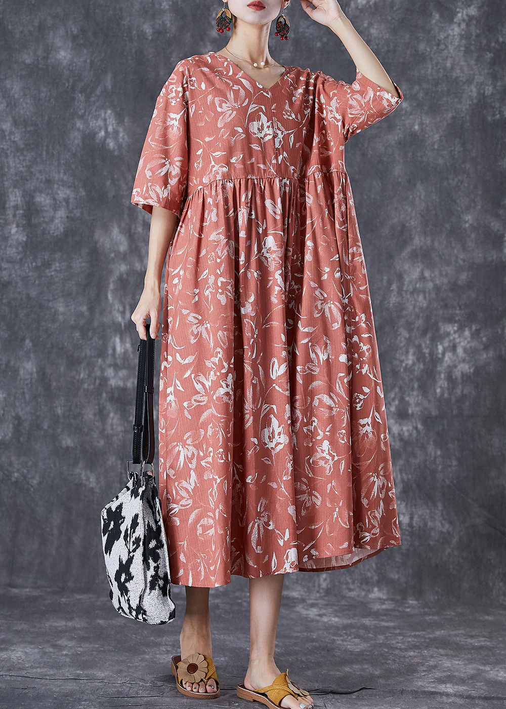 DIY Brick Red V Neck Print Linen Maxi Dress Summer - Image 2