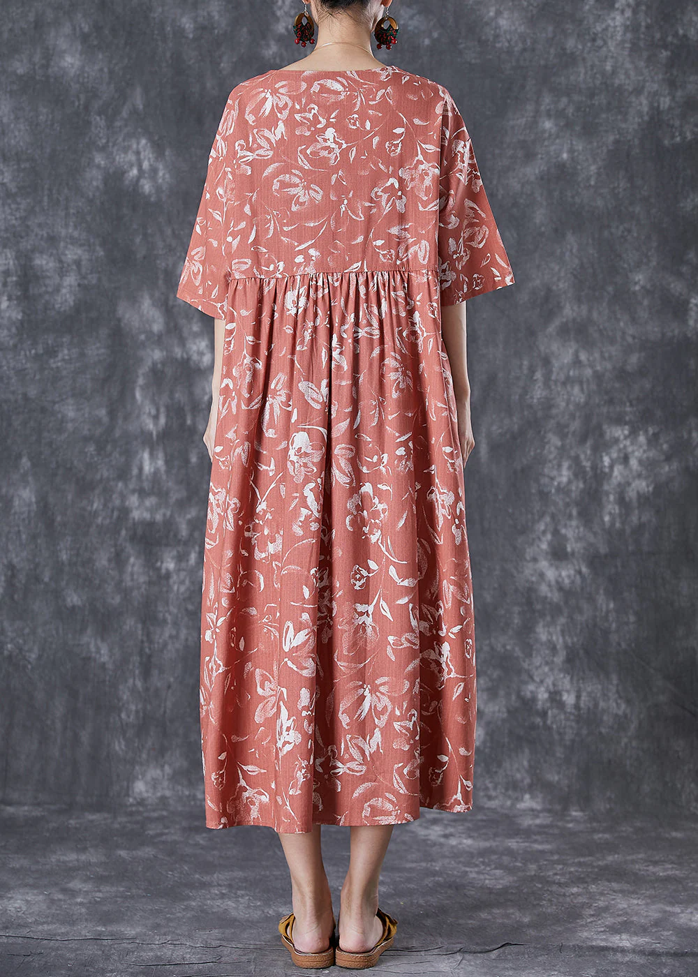 DIY Brick Red V Neck Print Linen Maxi Dress Summer - Image 3