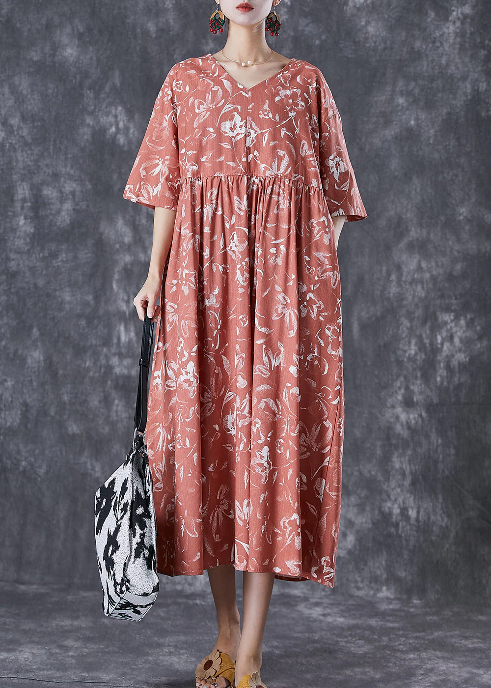 DIY Brick Red V Neck Print Linen Maxi Dress Summer - Image 4