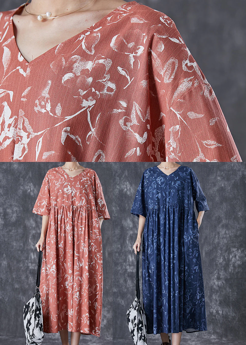 DIY Brick Red V Neck Print Linen Maxi Dress Summer - Image 5