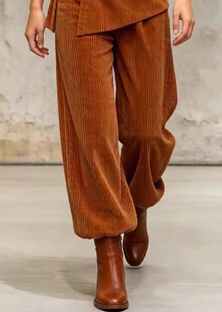DIY Brown Tie Waist Patchwork Corduroy Pants Skirt Spring - Image 4