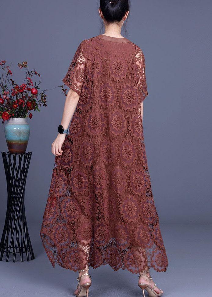Diy Chocolate Embroideried Pockets Lace Button Summer Dresses - Image 4