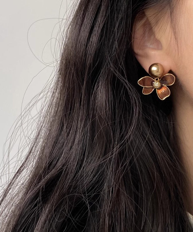 DIY Coffee Alloy Pearl Floral Drip Glaze Stud Earrings - Image 2