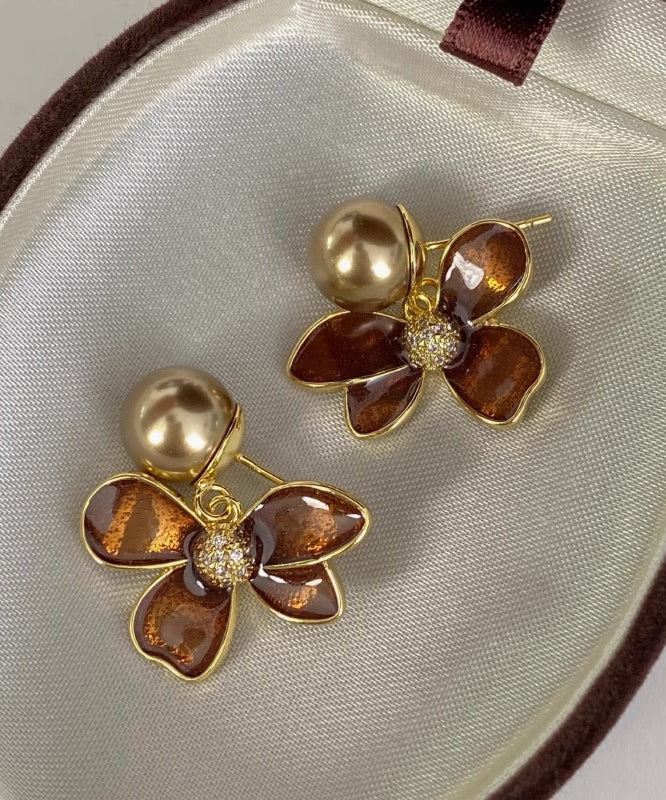 DIY Coffee Alloy Pearl Floral Drip Glaze Stud Earrings - Image 3