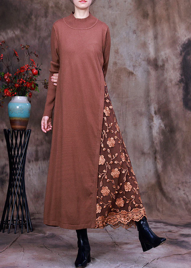 DIY Chocolate Knit Patchwork Lace Embroideried Fall Dress - Image 2