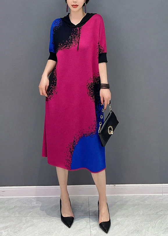 DIY Colorblock Hooded Print Knit Maxi Dresses Half Sleeve