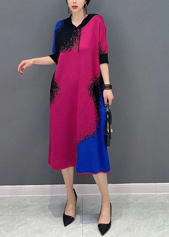 DIY Colorblock Hooded Print Knit Maxi Dresses Half Sleeve - Image 2