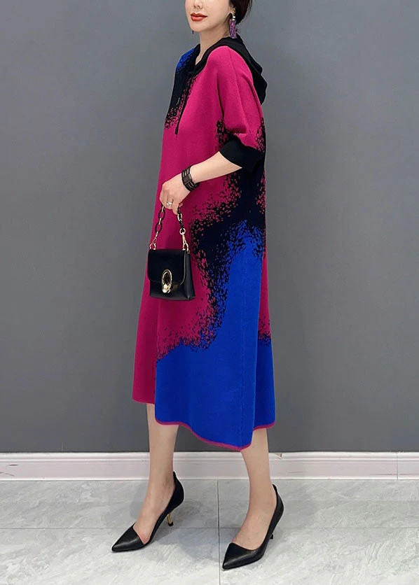 DIY Colorblock Hooded Print Knit Maxi Dresses Half Sleeve - Image 3