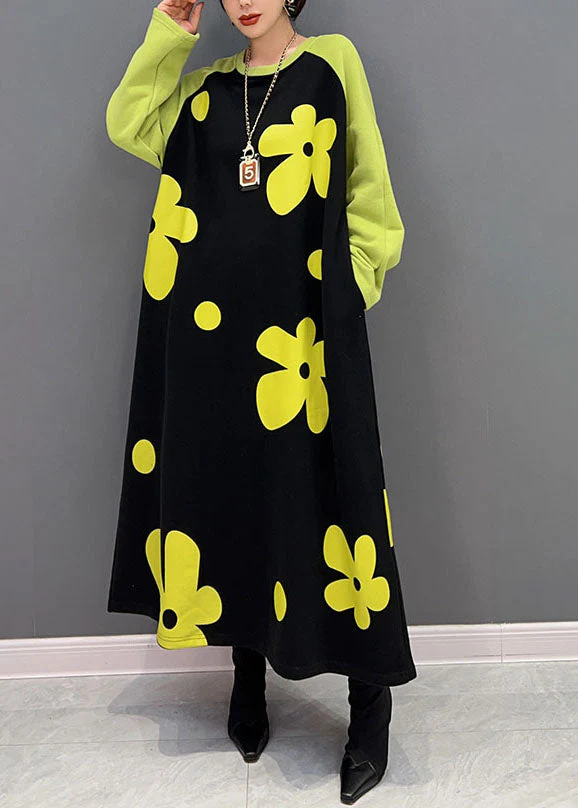 Diy Colorblock O Neck Floral Cotton Long Dress Spring - Image 2