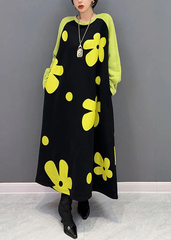 Diy Colorblock O Neck Floral Cotton Long Dress Spring - Image 3