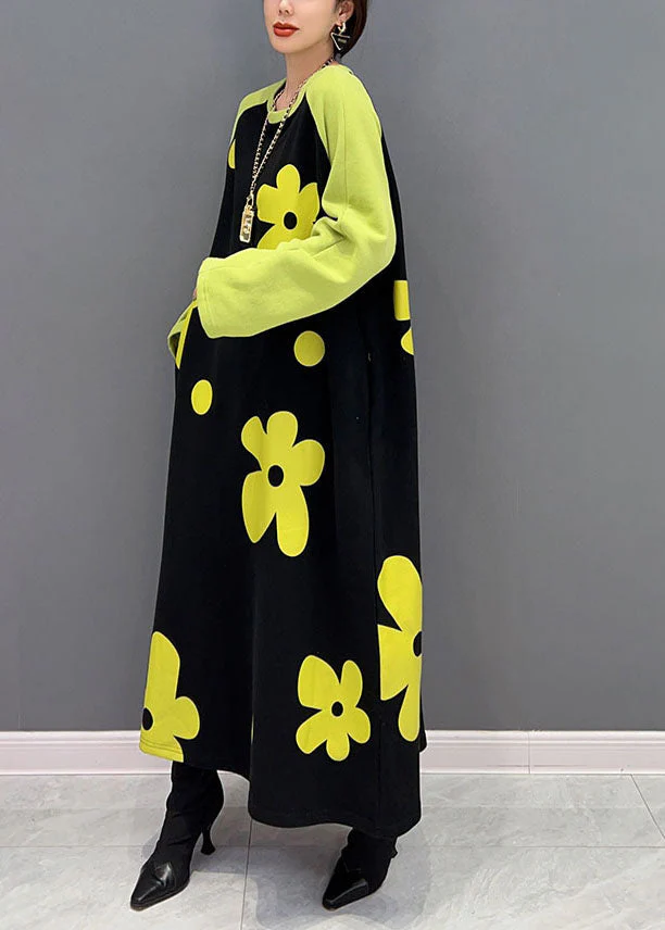 Diy Colorblock O Neck Floral Cotton Long Dress Spring - Image 4