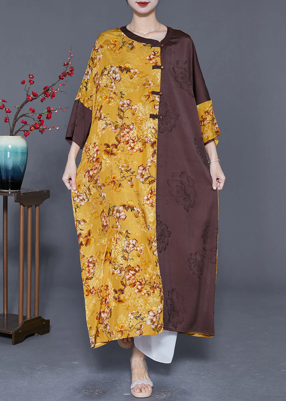 DIY Colorblock Oversized Patchwork Chinese Button Silk Long Dress Summer