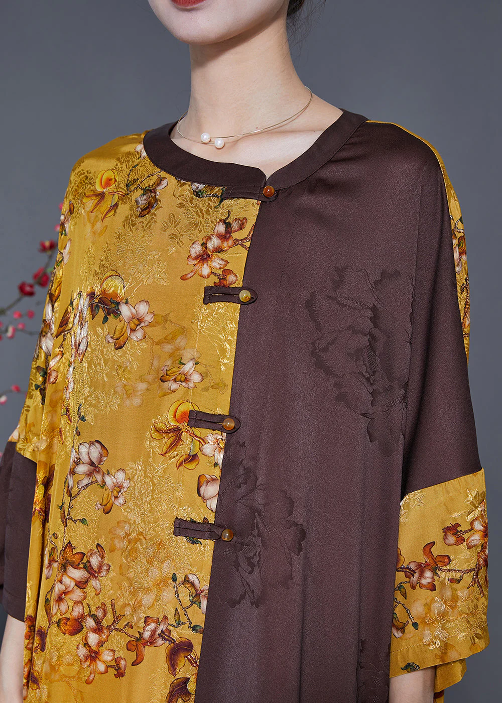 DIY Colorblock Oversized Patchwork Chinese Button Silk Long Dress Summer - Image 4