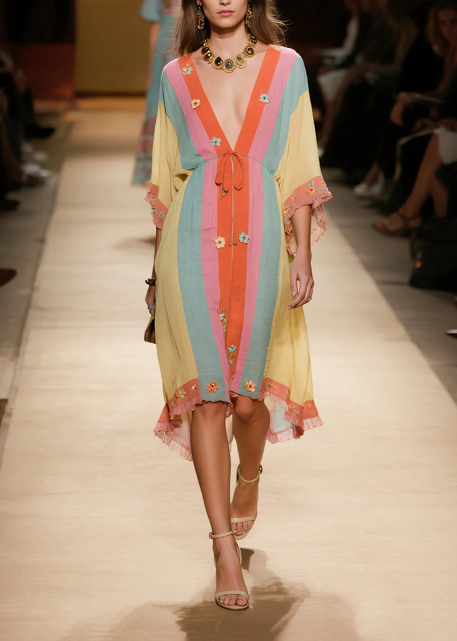 DIY Colorblock Ruffled Patchwork Flower Cotton Vacation Dresses Summer - Image 5