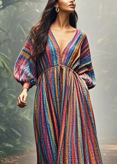 DIY Colorblock V Neck Striped Cotton Vacation Dress Spring - Image 2