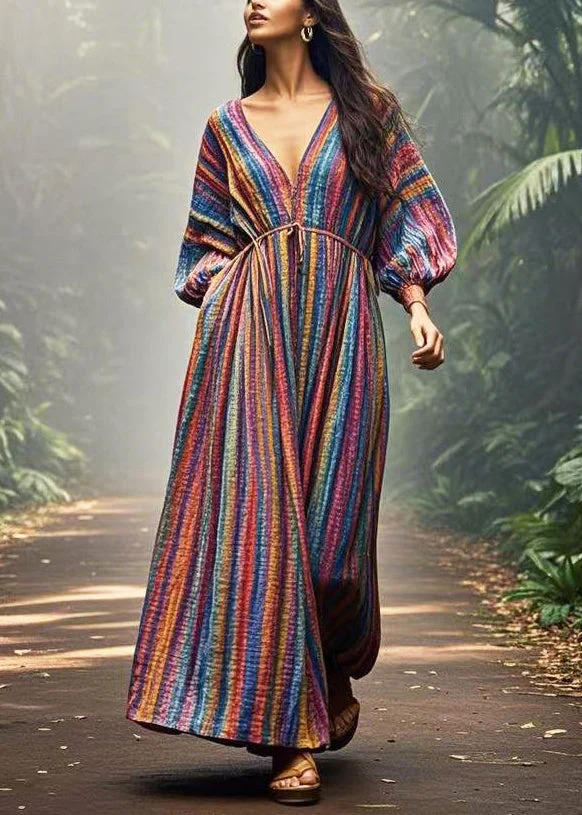 DIY Colorblock V Neck Striped Cotton Vacation Dress Spring - Image 3