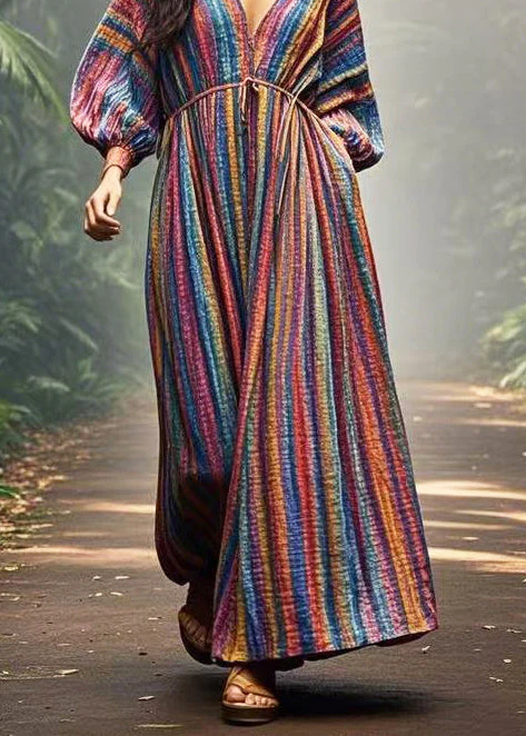DIY Colorblock V Neck Striped Cotton Vacation Dress Spring - Image 4
